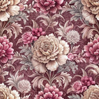 burgundy, mauve, cream, beige, dusty rose, baroque florals, ornate flowers, peonies, chrysanthemums, decorative scrollwork, acanthus leaves, vintage pattern, romantic style, elegant motif,, fabric panel, floral damask, victorian inspired, rich tones, intricate blooms