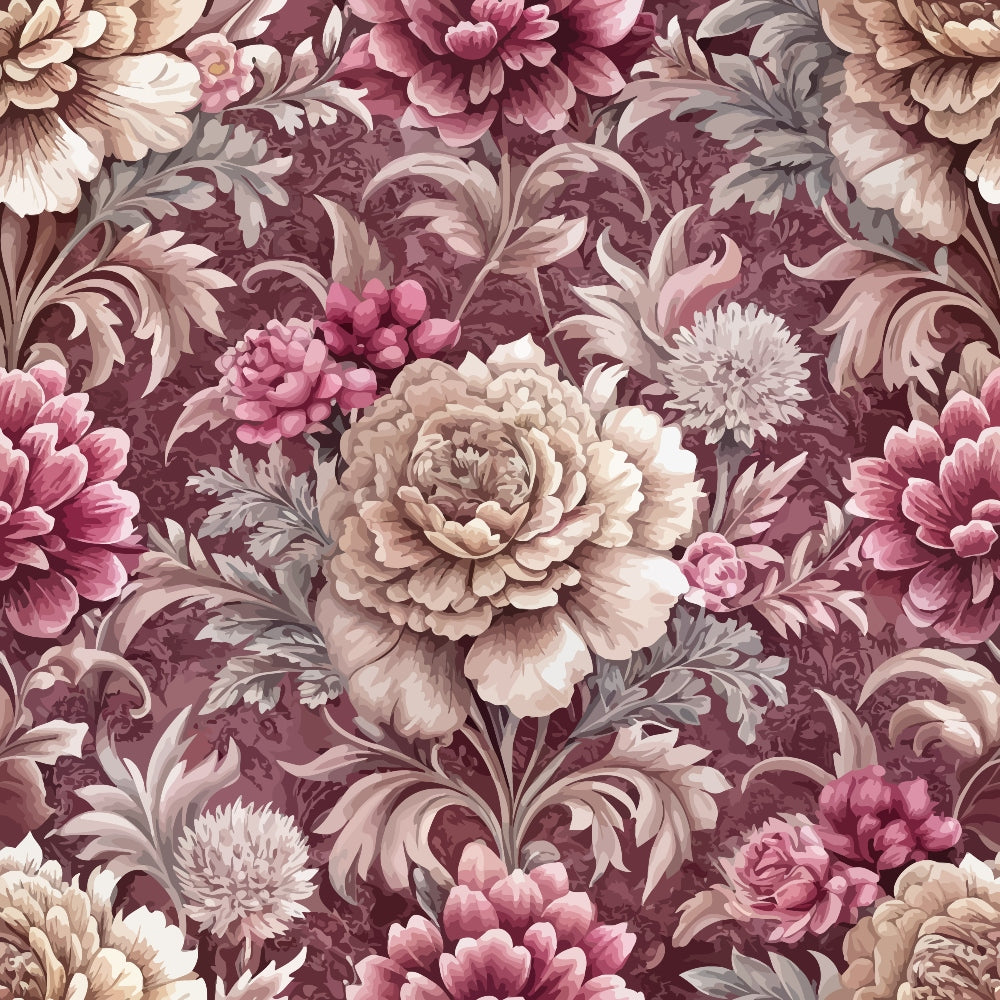 burgundy, mauve, cream, beige, dusty rose, baroque florals, ornate flowers, peonies, chrysanthemums, decorative scrollwork, acanthus leaves, vintage pattern, romantic style, elegant motif,, fabric panel, floral damask, victorian inspired, rich tones, intricate blooms