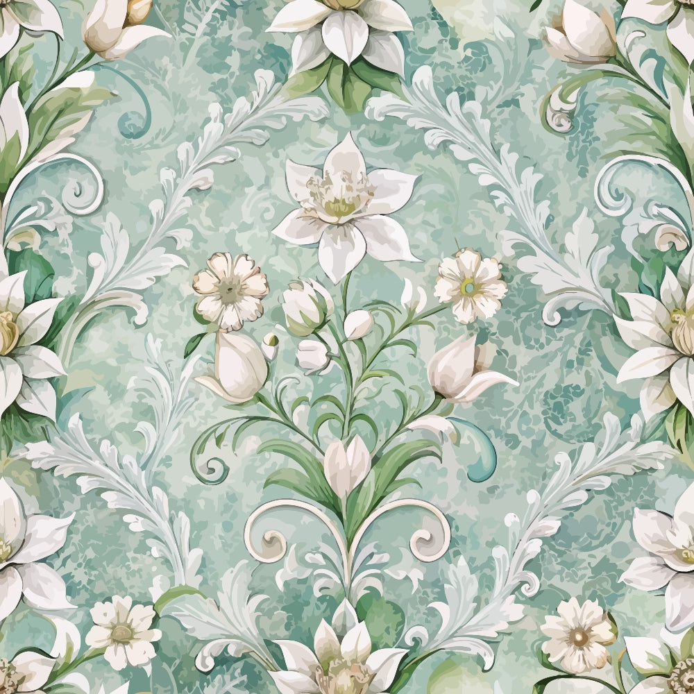 sage green, mint green, cream white, pale pink, baroque pattern, ornate scrollwork, floral motifs, decorative swirls, white flowers, botanical design, elegant flourishes, vintage style, damask elements,, fabric panel, soft pastels, romantic florals, acanthus leaves, rococo influence, seamless repeat