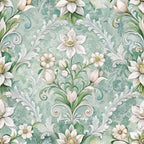 sage green, mint green, cream white, pale pink, baroque pattern, ornate scrollwork, floral motifs, decorative swirls, white flowers, botanical design, elegant flourishes, vintage style, damask elements,, fabric panel, soft pastels, romantic florals, acanthus leaves, rococo influence, seamless repeat