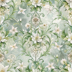sage green, cream white, watercolor style, baroque florals, damask pattern, ornate flowers, lily blooms, decorative scrollwork, vintage botanical, soft pastels,, fabric panel, elegant motifs, flowing vines, delicate petals, romantic florals, muted tones, repeating pattern, luxurious design