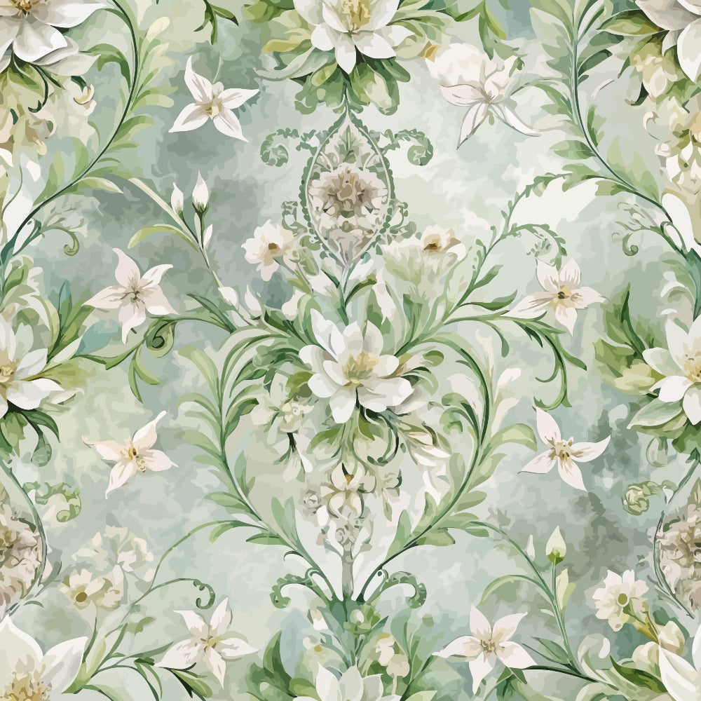sage green, cream white, watercolor style, baroque florals, damask pattern, ornate flowers, lily blooms, decorative scrollwork, vintage botanical, soft pastels,, fabric panel, elegant motifs, flowing vines, delicate petals, romantic florals, muted tones, repeating pattern, luxurious design
