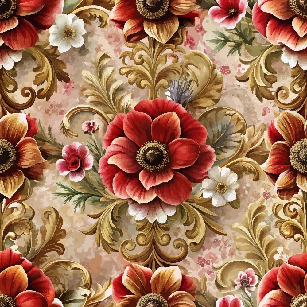 coral red, burgundy, cream white, golden brown, baroque florals, ornate scrollwork, large blooms, decorative swirls, elegant motifs, vintage style, romantic mood,, fabric panel, repeating pattern, floral design, ornamental elements, rich colors, decorative arts, textile design
