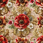 coral red, burgundy, cream white, golden brown, baroque florals, ornate scrollwork, large blooms, decorative swirls, elegant motifs, vintage style, romantic mood,, fabric panel, repeating pattern, floral design, ornamental elements, rich colors, decorative arts, textile design