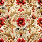 red flowers, coral blooms, cream background, gold scrollwork, baroque pattern, ornate swirls, floral damask, decorative flourishes,, fabric panel, elegant motifs, vintage style, seamless repeat, botanical design, layered petals, intricate details, warm tones, luxurious design
