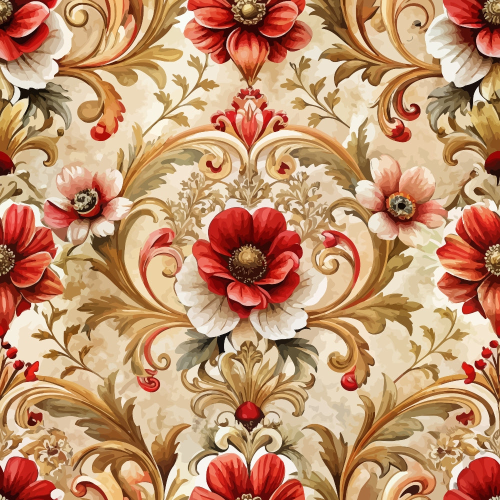 red flowers, coral blooms, cream background, gold scrollwork, baroque pattern, ornate swirls, floral damask, decorative flourishes,, fabric panel, elegant motifs, vintage style, seamless repeat, botanical design, layered petals, intricate details, warm tones, luxurious design