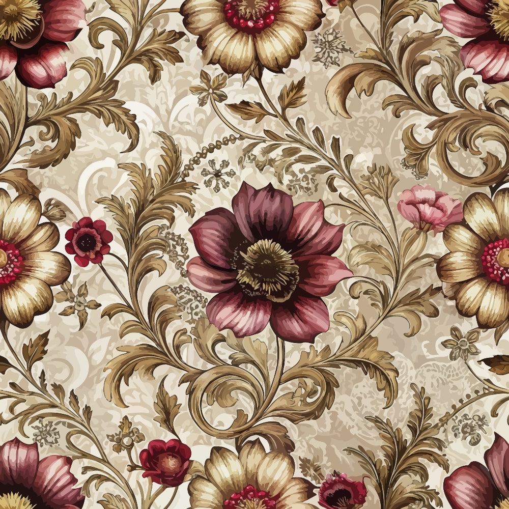 burgundy, mauve, gold, beige, cream, baroque florals, ornate flowers, scrollwork, acanthus leaves, decorative swirls, vintage pattern, elegant design,, fabric panel, floral motifs, damask style, renaissance inspired, ornamental blooms, sophisticated palette, repeating pattern