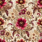 burgundy, cream, beige, brown, gold, baroque florals, ornate flowers, decorative scrollwork, vintage pattern, damask style,, fabric panel, elegant blooms, swirling vines, antique motifs, rich colors, floral damask, ornamental design, sophisticated palette, intricate details