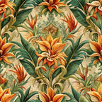 baroque florals, tropical flowers, orange petals, green leaves, cream background, ornate pattern, decorative scrollwork, botanical design, vintage style,, fabric panel, warm tones, elaborate motifs, flowing vines, renaissance inspired, rich colors, textile art, repeating pattern, lush foliage
