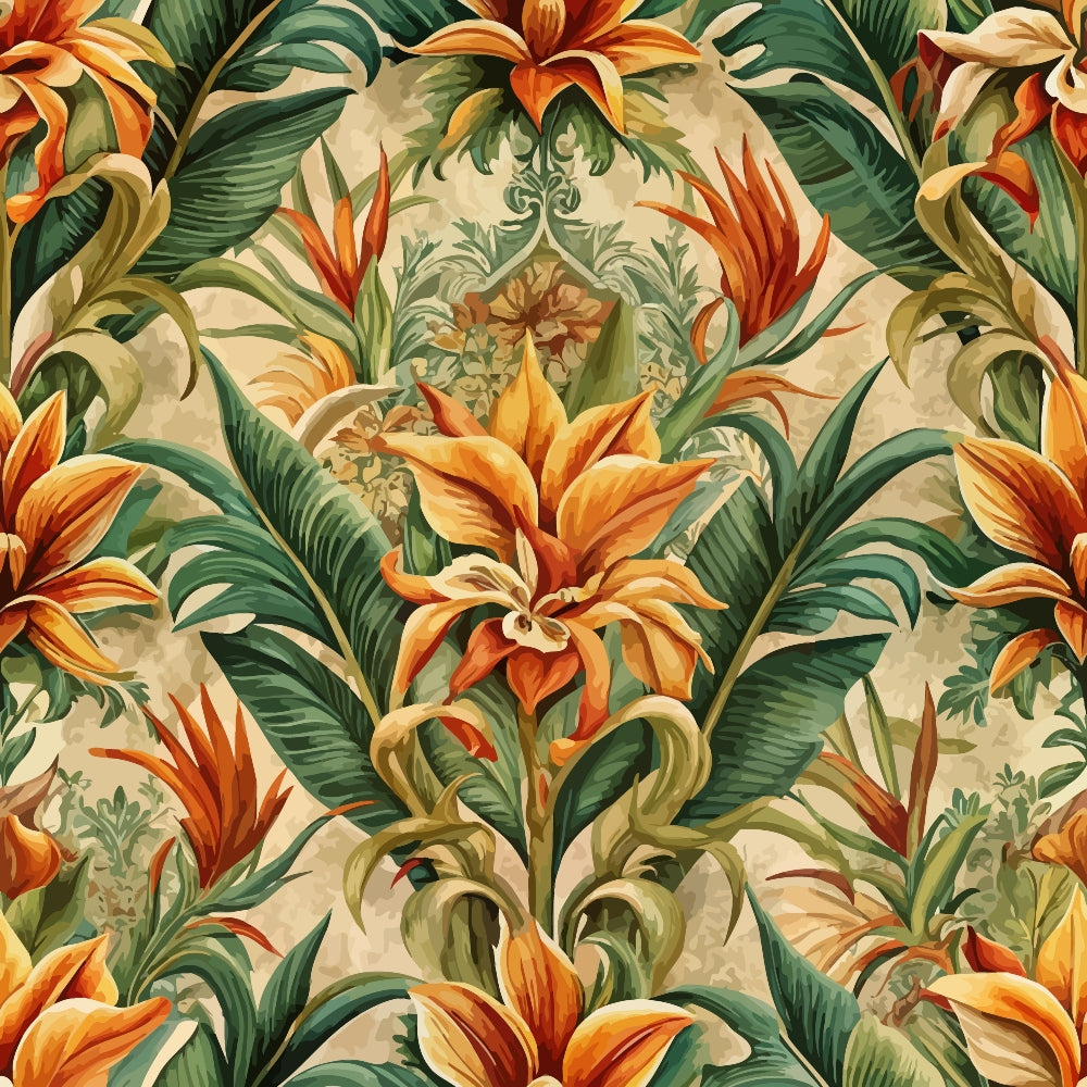 baroque florals, tropical flowers, orange petals, green leaves, cream background, ornate pattern, decorative scrollwork, botanical design, vintage style,, fabric panel, warm tones, elaborate motifs, flowing vines, renaissance inspired, rich colors, textile art, repeating pattern, lush foliage