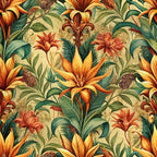 orange, yellow, green, teal, burgundy, baroque florals, lilies, tropical flowers, ornate leaves, decorative motifs, elaborate pattern, rich colors, botanical design,, fabric panel, luxurious style, vintage aesthetic, floral wallpaper style, ornamental design, repeating pattern