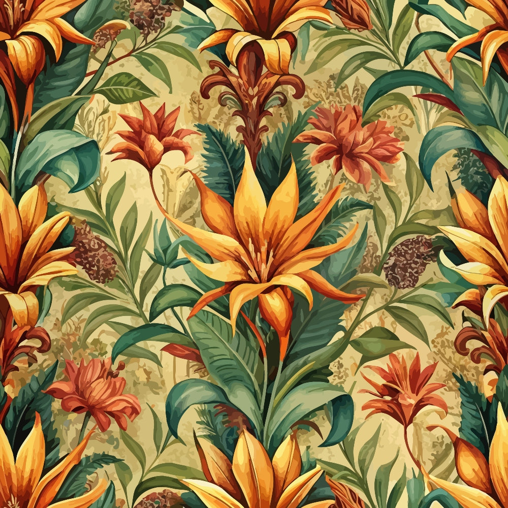 orange, yellow, green, teal, burgundy, baroque florals, lilies, tropical flowers, ornate leaves, decorative motifs, elaborate pattern, rich colors, botanical design,, fabric panel, luxurious style, vintage aesthetic, floral wallpaper style, ornamental design, repeating pattern