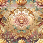 baroque florals,, fabric panel, ornate scrollwork, pink lotus, golden brown, sage green, cream background, decorative medallion, vintage style, floral motifs, layered petals, ornamental border, warm earth tones, botanical design, elegant swirls, damask pattern, luxurious aesthetic, intricate details, romantic florals