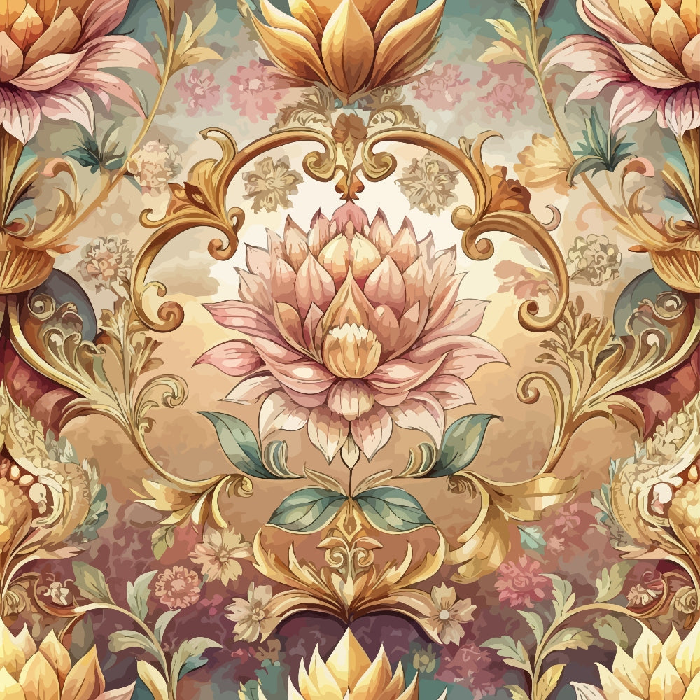 baroque florals,, fabric panel, ornate scrollwork, pink lotus, golden brown, sage green, cream background, decorative medallion, vintage style, floral motifs, layered petals, ornamental border, warm earth tones, botanical design, elegant swirls, damask pattern, luxurious aesthetic, intricate details, romantic florals