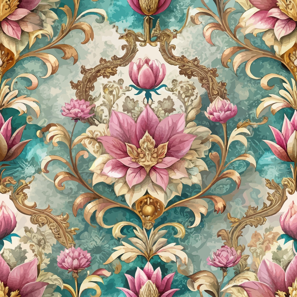 baroque florals, pink lotus flowers, teal blue, gold accents, ornate scrollwork, damask pattern, decorative motifs, elegant design, vintage style,, fabric panel, floral medallions, rococo elements, sophisticated palette, cream background, botanical prints, layered petals, symmetrical design, luxurious feel