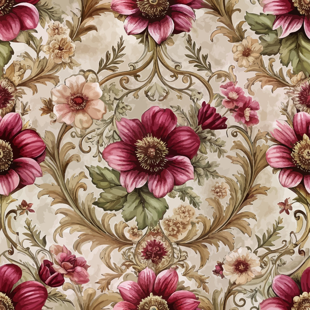 burgundy, pink, cream, beige, green, gold, baroque florals, ornate flowers, decorative scrolls, vintage pattern, floral damask,, fabric panel, romantic blooms, elegant design, botanical motifs, swirling vines, ornamental leaves, luxurious texture, feminine florals