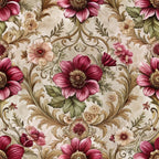 burgundy, pink, cream, beige, green, gold, baroque florals, ornate flowers, decorative scrolls, vintage pattern, floral damask,, fabric panel, romantic blooms, elegant design, botanical motifs, swirling vines, ornamental leaves, luxurious texture, feminine florals