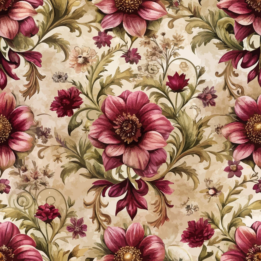 burgundy, mauve, pink, cream, beige, olive green, baroque florals, ornate flowers, decorative scrolls, vintage pattern, elaborate blooms, acanthus leaves, damask style, romantic motifs,, fabric panel, floral swirls, ornamental design, rich textures, victorian inspired