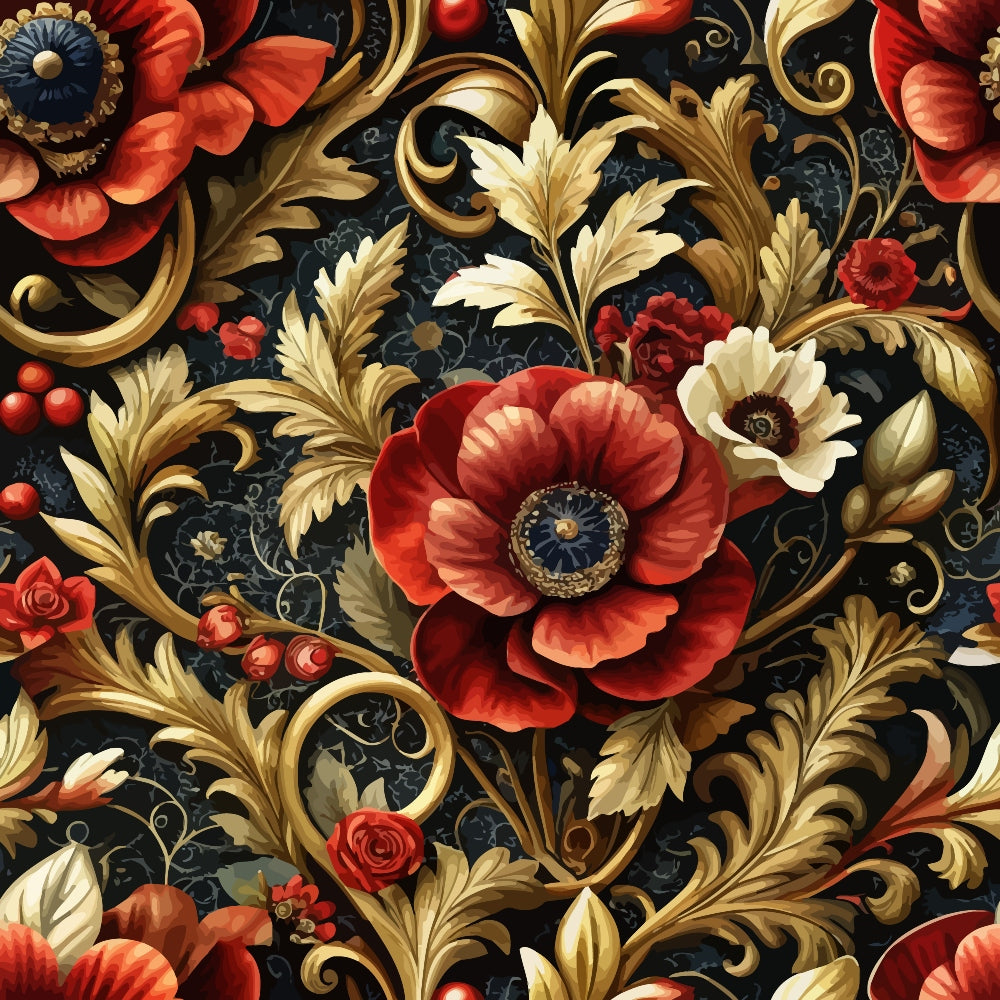 red poppies, baroque florals, ornate scrollwork, golden leaves, cream flowers, dark navy background, decorative swirls, vintage botanical, rich burgundy, coral blooms, acanthus leaves, rococo style, luxurious pattern,, fabric panel, opulent design, elegant florals, intricate details, warm autumn tones