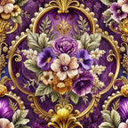 purple, gold, baroque, floral pattern, ornate frames, roses, pansies, decorative scrollwork, vintage flowers,, fabric panel, elegant blooms, cream flowers, leafy foliage, rococo style, luxurious design, botanical motifs, rich purple background, gilded accents, ornamental borders