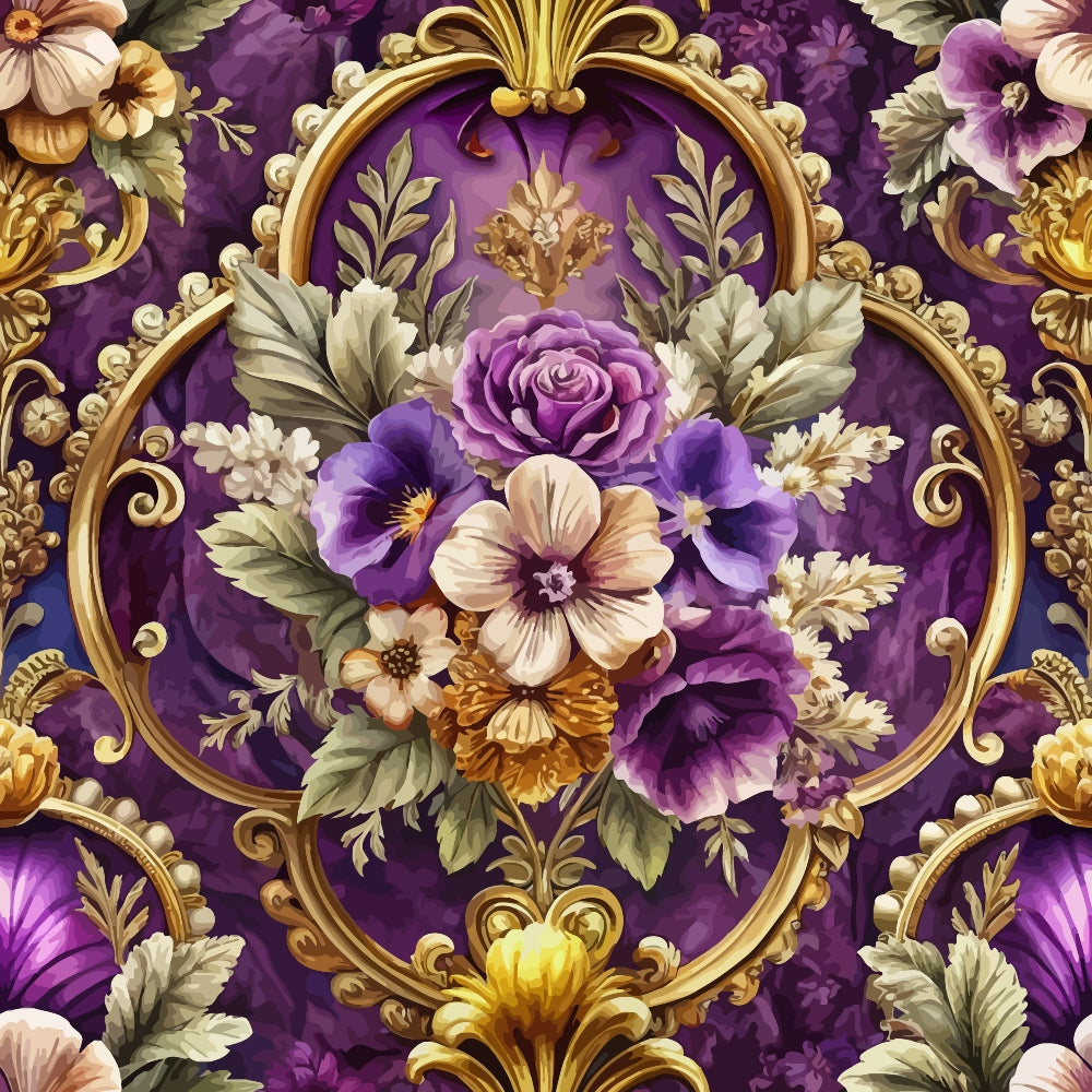 purple, gold, baroque, floral pattern, ornate frames, roses, pansies, decorative scrollwork, vintage flowers,, fabric panel, elegant blooms, cream flowers, leafy foliage, rococo style, luxurious design, botanical motifs, rich purple background, gilded accents, ornamental borders