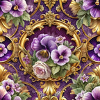 purple, gold, baroque, ornate frames, pansies, roses, floral bouquets, violet flowers, decorative scrollwork, gilded details, deep purple background, botanical motifs, vintage style, romantic florals,, fabric panel, elegant design, ornamental borders, lavender blooms, antique finish
