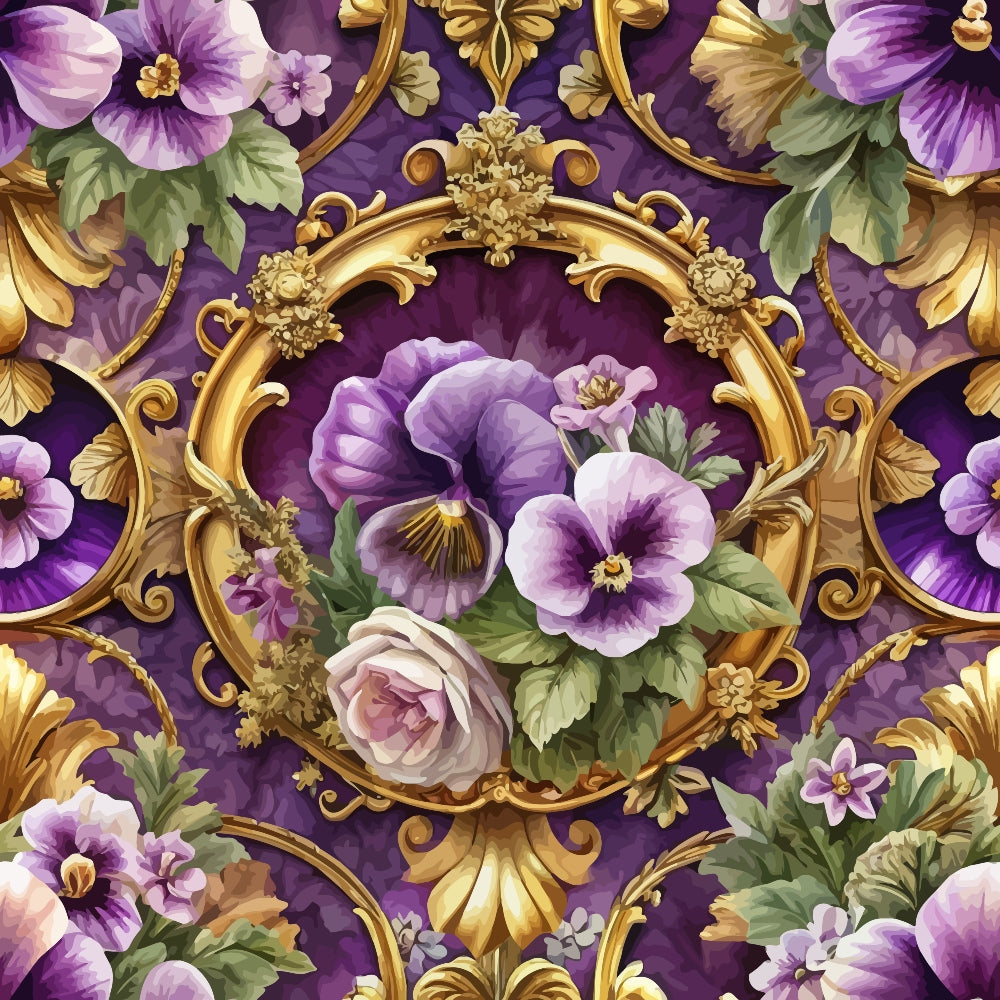 purple, gold, baroque, ornate frames, pansies, roses, floral bouquets, violet flowers, decorative scrollwork, gilded details, deep purple background, botanical motifs, vintage style, romantic florals,, fabric panel, elegant design, ornamental borders, lavender blooms, antique finish