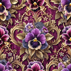 deep burgundy, rich purple, golden brown, ornate baroque, floral medallions, pansy flowers, decorative scrollwork, vintage botanicals, luxurious pattern,, fabric panel, ornamental design, regal colors, elaborate flourishes, romantic florals, antique style, jewel tones, intricate details, damask elements