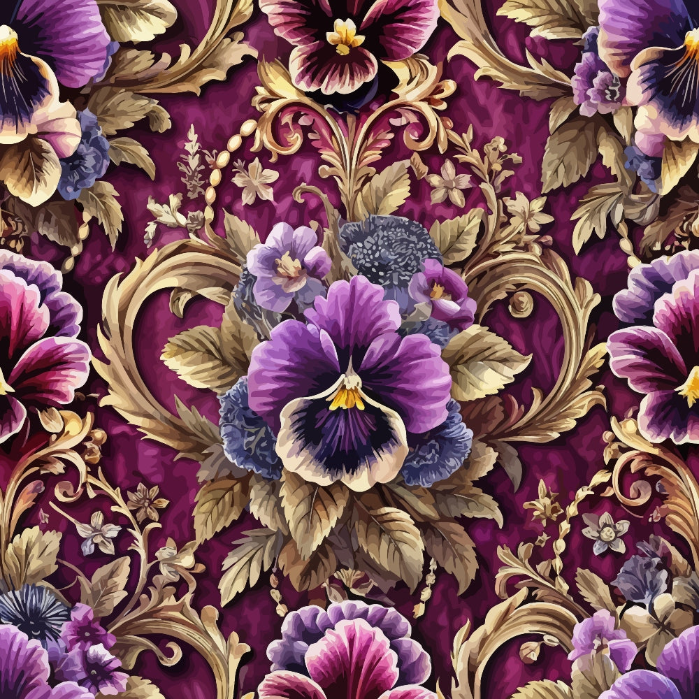 deep burgundy, rich purple, golden brown, ornate baroque, floral medallions, pansy flowers, decorative scrollwork, vintage botanicals, luxurious pattern,, fabric panel, ornamental design, regal colors, elaborate flourishes, romantic florals, antique style, jewel tones, intricate details, damask elements