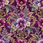 purple background, baroque florals, ornate scrollwork, magenta flowers, cream blossoms, gray leaves, decorative swirls, vintage pattern, elegant design,, fabric panel, floral motifs, dusty rose, lavender blooms, intricate details, repeating pattern, botanical elements, rich burgundy, antique style, ornamental design