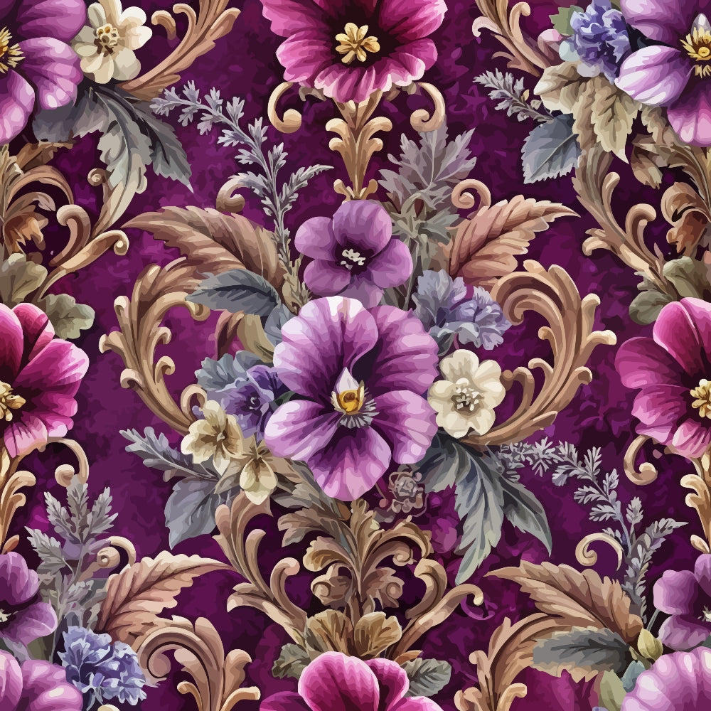 purple background, baroque florals, ornate scrollwork, magenta flowers, cream blossoms, gray leaves, decorative swirls, vintage pattern, elegant design,, fabric panel, floral motifs, dusty rose, lavender blooms, intricate details, repeating pattern, botanical elements, rich burgundy, antique style, ornamental design