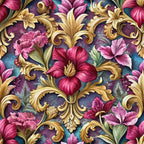 baroque florals,, fabric panel, pink flowers, gold scrollwork, ornate pattern, deep purple background, hibiscus blooms, decorative swirls, vintage style, rich burgundy, teal accents, elaborate design, floral motifs, luxurious fabric, ornamental leaves, rococo inspired, jewel tones, botanical print