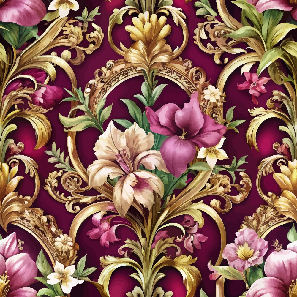 burgundy, deep purple, maroon, gold, pink flowers, cream blooms, baroque scrollwork, ornate swirls, floral motif, decorative flourishes, lilies, ornamental design, luxurious pattern, elegant florals,, fabric panel, vintage style, rich colors, botanical elements, intricate details
