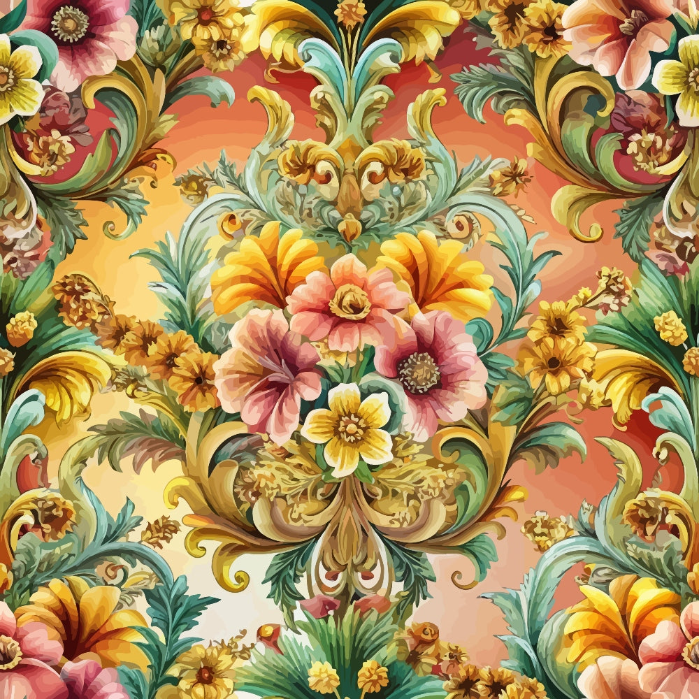 baroque florals, ornate scrollwork, coral pink, golden yellow, sage green, peach tones, decorative swirls, floral damask, vintage motifs,, fabric panel, elaborate flowers, acanthus leaves, rococo style, warm pastels, repeating pattern, textile design, ornamental borders, botanical elements, luxurious finish