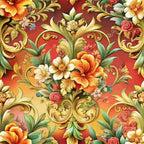 baroque florals, ornate scrollwork, warm red, golden yellow, coral orange, sage green, cream white, rose pink, decorative swirls, floral motifs, vintage flowers, elaborate pattern, rich colors,, fabric panel, luxurious design, detailed blooms, ornamental leaves, warm tones, intricate artwork