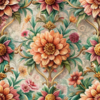 coral flowers, peach blooms, burgundy petals, sage green leaves, gold accents, baroque pattern, ornate scrollwork, floral motif, decorative swirls, botanical design,, fabric panel, vintage style, elaborate florals, warm tones, intricate details, repeating pattern, elegant blooms, ornamental vines
