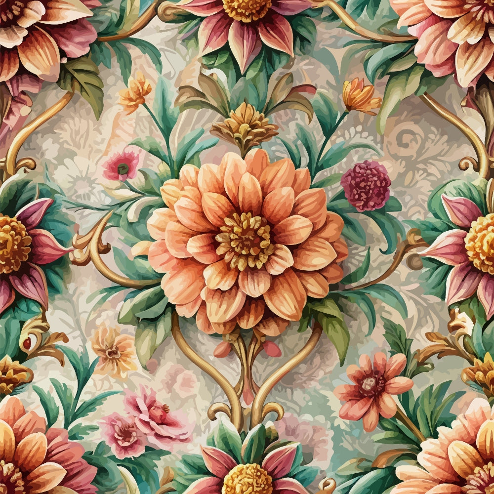 coral flowers, peach blooms, burgundy petals, sage green leaves, gold accents, baroque pattern, ornate scrollwork, floral motif, decorative swirls, botanical design,, fabric panel, vintage style, elaborate florals, warm tones, intricate details, repeating pattern, elegant blooms, ornamental vines