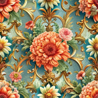 baroque florals, ornate scrollwork, coral flowers, pink roses, yellow daisies, teal background, gold accents, decorative swirls, botanical pattern,, floral motifs, vintage style, elegant design, peach blooms, green foliage, ornamental flourishes, romantic mood, detailed petals, luxurious pattern, fabric panel