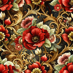 baroque florals, red poppies, coral flowers, gold scrollwork, ornate swirls, black background, green leaves, cream buds, decorative vines, floral motifs,, fabric panel, rich colors, elaborate pattern, botanical design, vintage style, ornamental flourishes