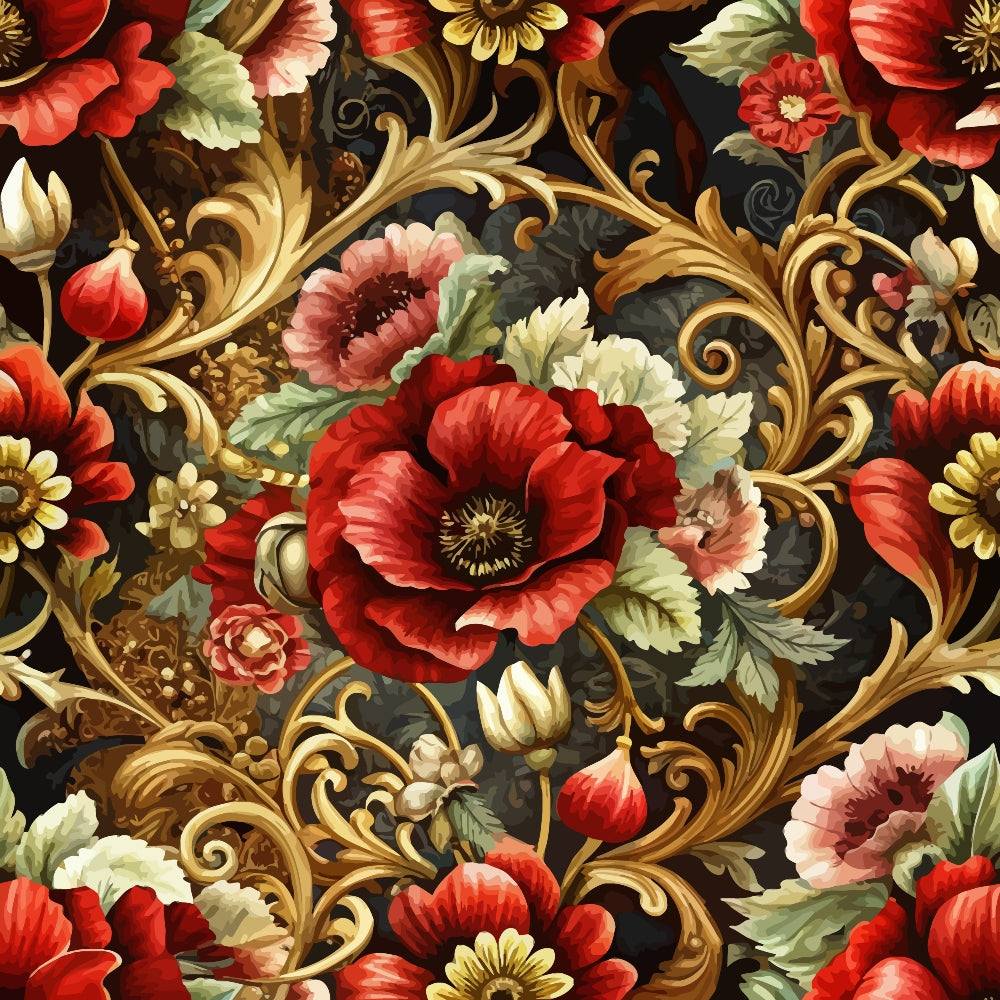 baroque florals, red poppies, coral flowers, gold scrollwork, ornate swirls, black background, green leaves, cream buds, decorative vines, floral motifs,, fabric panel, rich colors, elaborate pattern, botanical design, vintage style, ornamental flourishes
