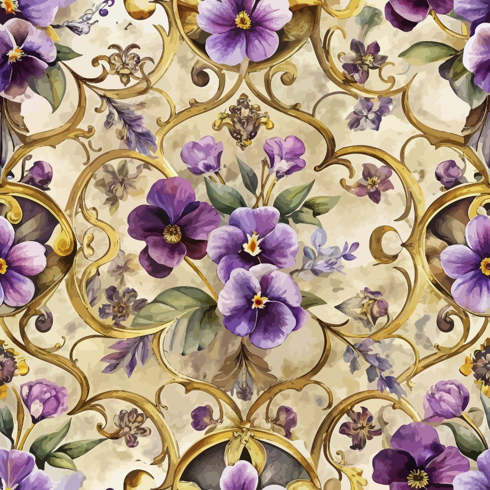 purple flowers, baroque pattern, ornate scrollwork, gold accents, cream background, violet pansies, decorative flourishes, floral motifs,, fabric panel, elegant design, botanical elements, lavender tones, ornamental swirls, vintage style, repeating pattern, green leaves, intricate details, luxury aesthetic
