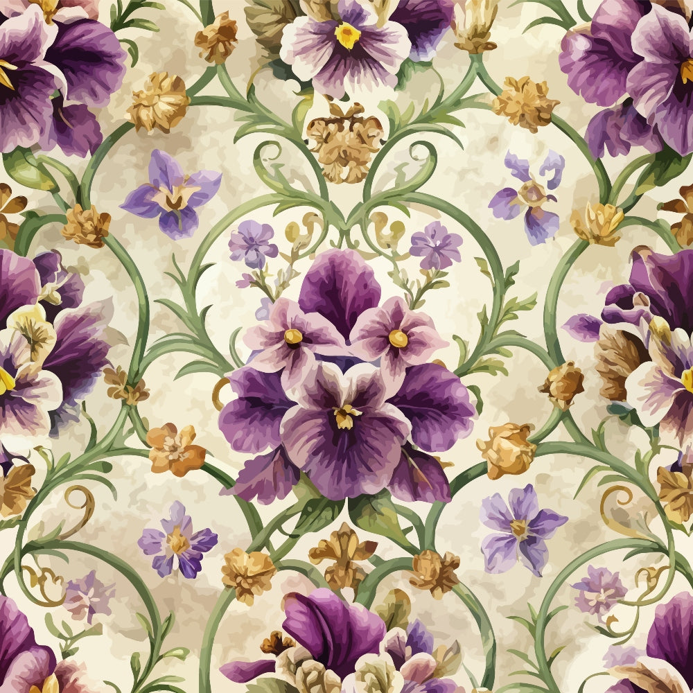 purple flowers, pansies, baroque pattern, ornate scrollwork, green vines, golden brown accents, cream background, floral motifs, decorative swirls, violet petals,, fabric panel, elegant flourishes, botanical design, symmetrical layout, vintage style, lavender tones, intricate details, repeating pattern, ornamental borders
