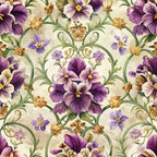 purple flowers, pansies, baroque pattern, ornate scrollwork, green vines, golden brown accents, cream background, floral motifs, decorative swirls, violet petals,, fabric panel, elegant flourishes, botanical design, symmetrical layout, vintage style, lavender tones, intricate details, repeating pattern, ornamental borders
