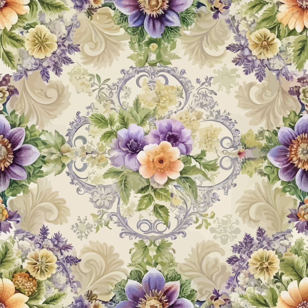 baroque floral, purple flowers, peach blossoms, cream background, ornate scrollwork, vintage pattern,, fabric panel, decorative swirls, lavender petals, soft pastels, floral bouquets, elegant design, romantic florals, cotton fabric, botanical motifs, muted tones, intricate details, repeating pattern
