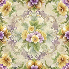 baroque florals, purple flowers, yellow blooms, cream background, ornate scrollwork, decorative swirls, botanical design, vintage style,, fabric panel, floral motifs, green foliage, lavender petals, golden blooms, symmetrical pattern, elegant florals, soft pastels, ornamental design, romantic florals, damask elements