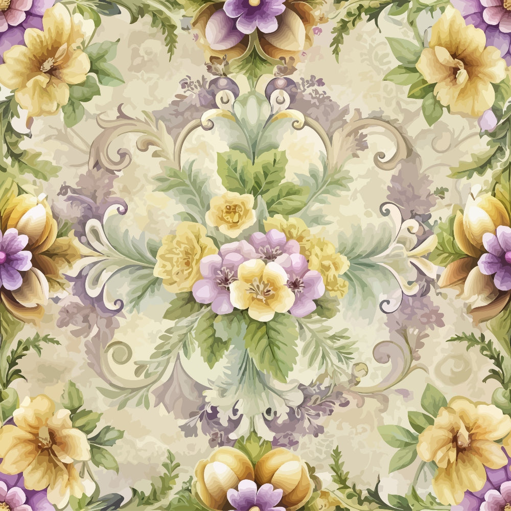 baroque florals, purple flowers, yellow blooms, cream background, ornate scrollwork, decorative swirls, botanical design, vintage style,, fabric panel, floral motifs, green foliage, lavender petals, golden blooms, symmetrical pattern, elegant florals, soft pastels, ornamental design, romantic florals, damask elements