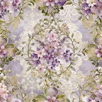 lavender, purple, sage green, cream, white, baroque pattern, floral design, ornate flowers, decorative scrollwork, vintage blooms, lilac petals, botanical motif, elegant flourishes, romantic style, soft pastels,, fabric panel, delicate leaves, layered florals, victorian inspired