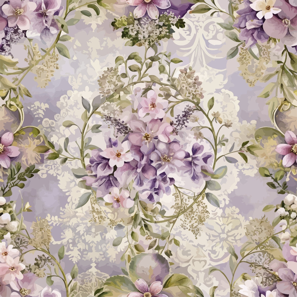 lavender, purple, sage green, cream, white, baroque pattern, floral design, ornate flowers, decorative scrollwork, vintage blooms, lilac petals, botanical motif, elegant flourishes, romantic style, soft pastels,, fabric panel, delicate leaves, layered florals, victorian inspired
