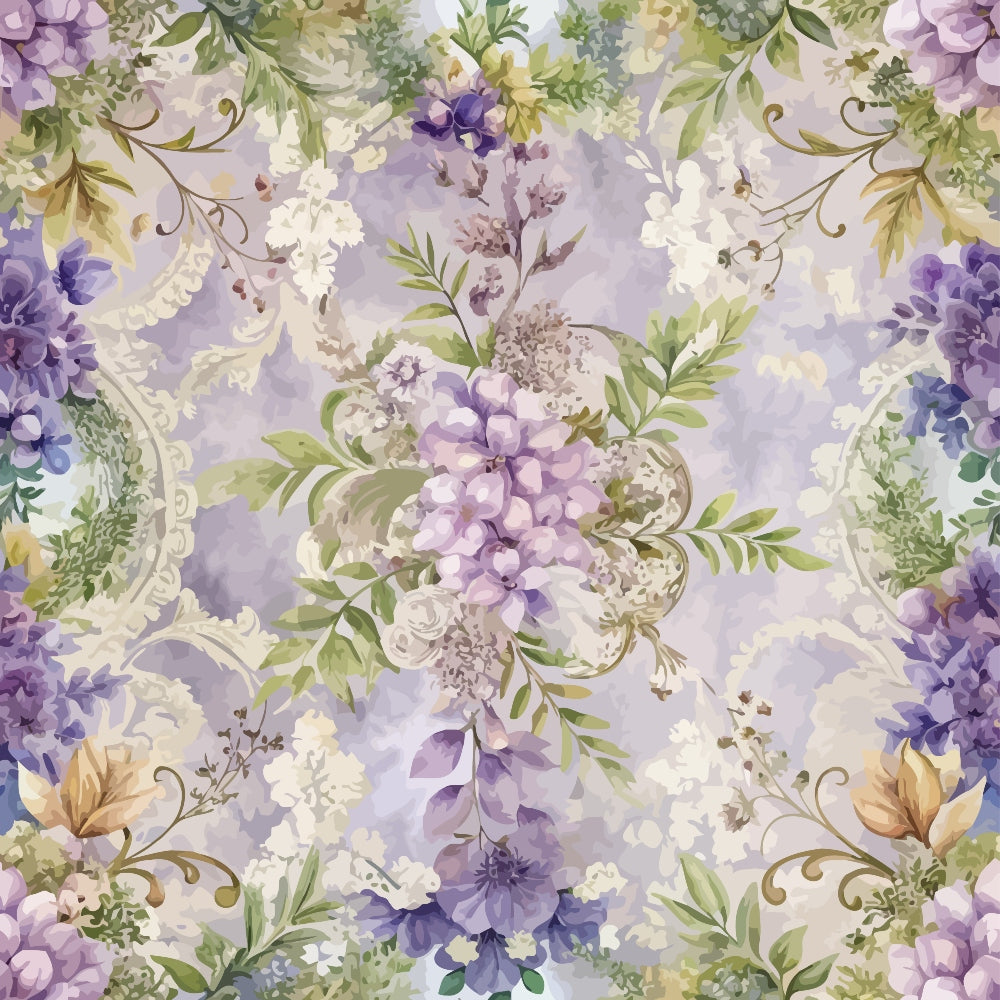 lavender, purple flowers, sage green, cream, baroque pattern, floral motif, ornate scrollwork, vintage style,, fabric panel, romantic florals, soft pastels, decorative swirls, botanical design, elegant pattern, feminine aesthetic, watercolor effect, damask elements, intricate details, flowing vines