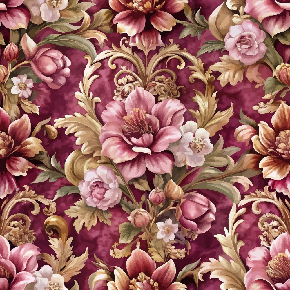 burgundy, wine red, pink florals, roses, peonies, baroque scrollwork, ornate swirls, golden accents, decorative flourishes, vintage style, romantic florals,, fabric panel, floral motifs, elaborate design, rich colors, ornamental pattern, botanical elements, luxurious appearance, intricate details